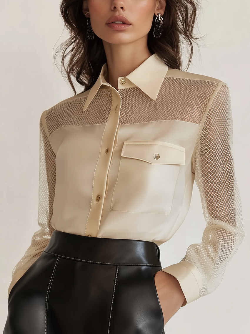 Beige Satin Blouse With Stylish Mesh Stitching