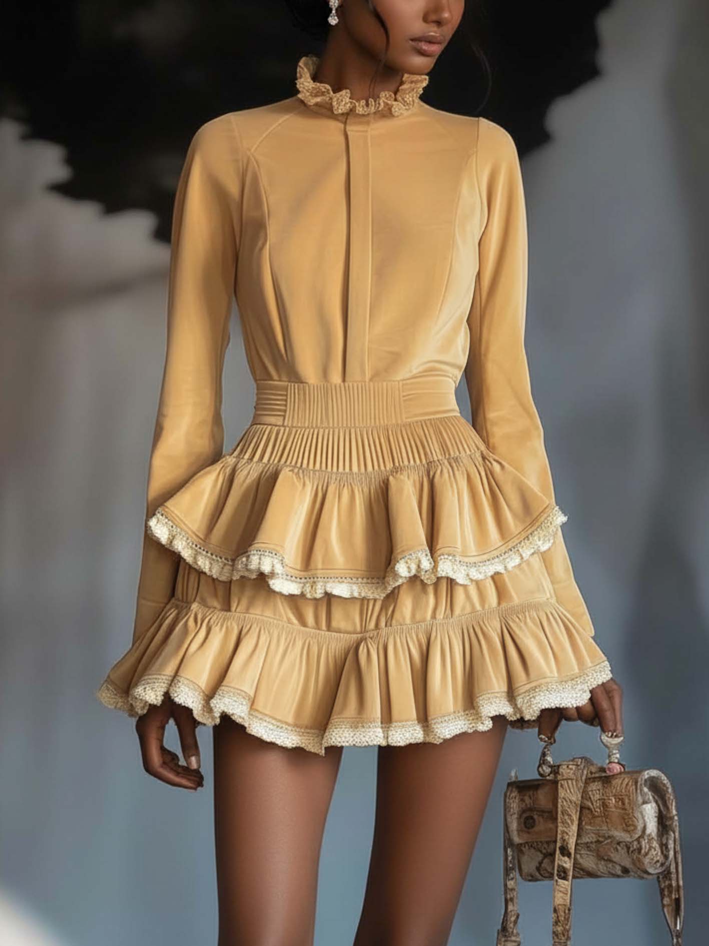 Light Yellow Velvet Mini Dress With Lace And Ruffles