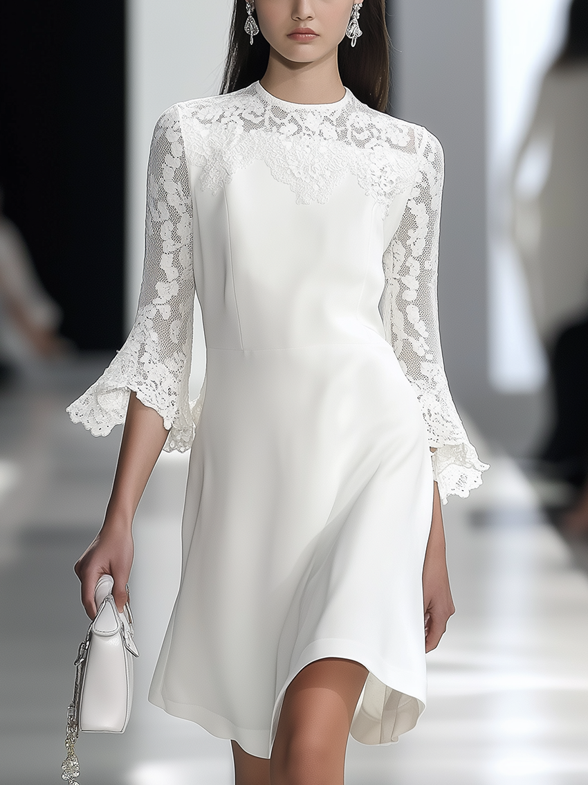 White H-Pattern Dress With Neckline And Sleeve Stitching Lace