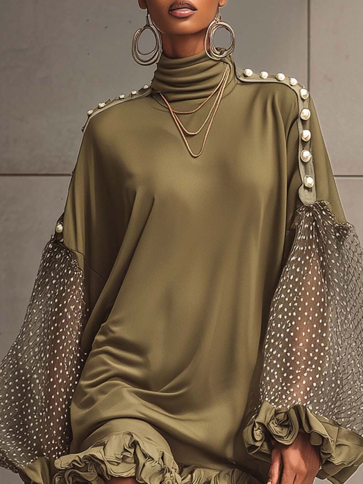 Olive Green Blended Polka Dot Tulle Puff Sleeve Faux Pearl Button Ruffle Mini Dress