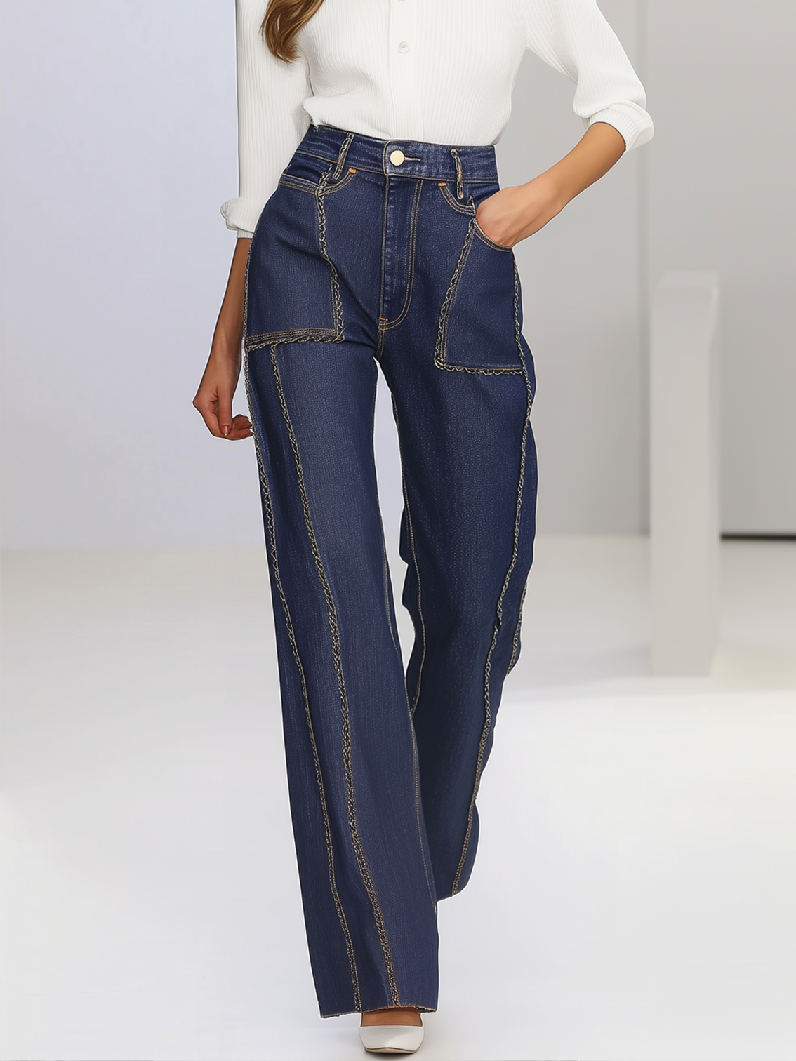 Long Jeans With Stylish Pockets And Trim