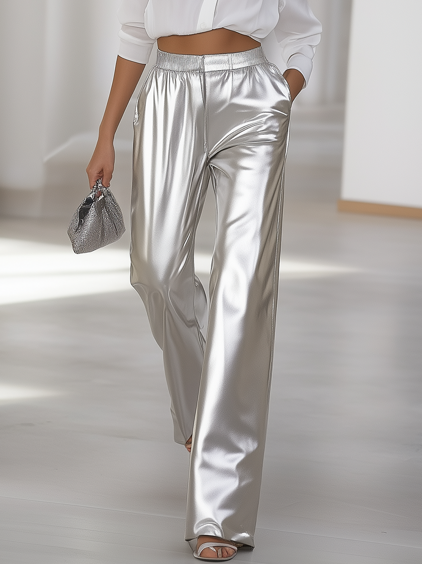 Fashion Glossy Silver Pants