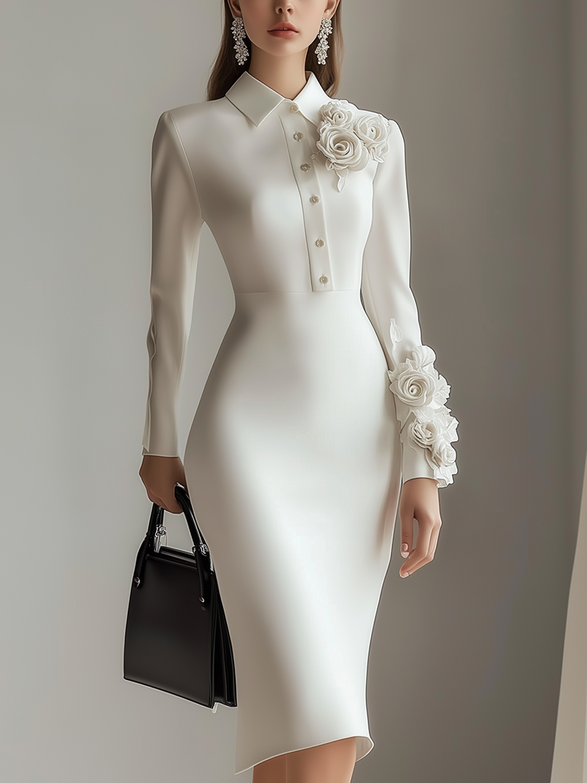 White Satin Midi Shirt Dress With 3D Flower Decoration At The Neckline And Cuffs