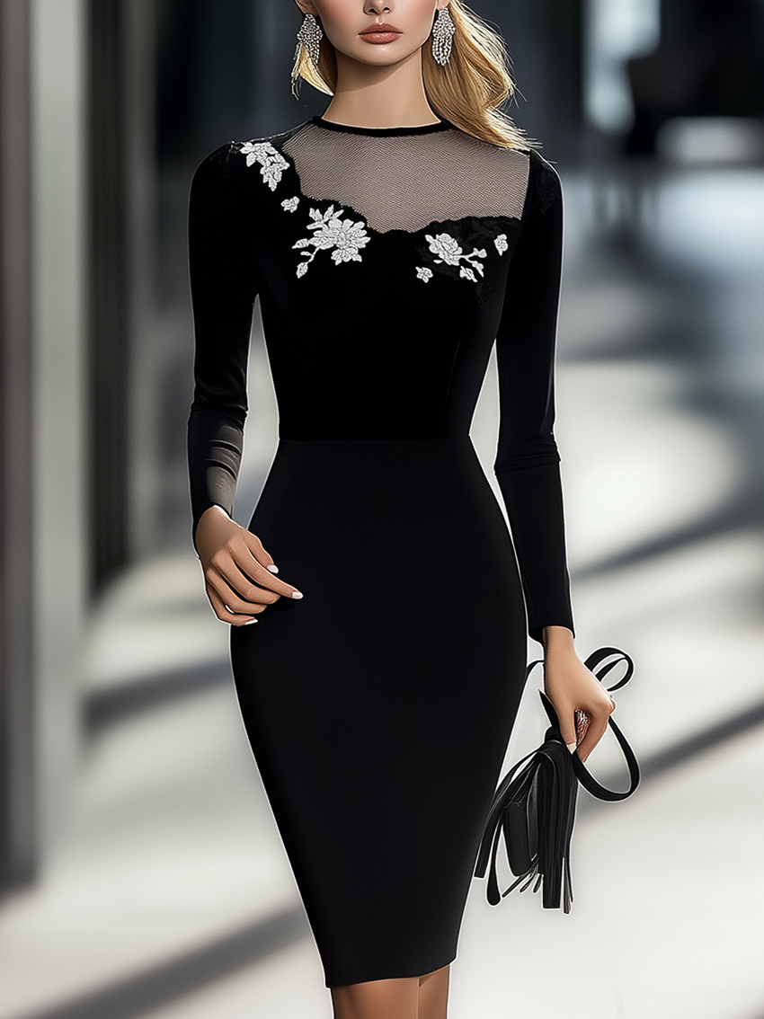 Black Midi Bodycon Dress With White Flower Embroidery With Neckline Stitching Mesh