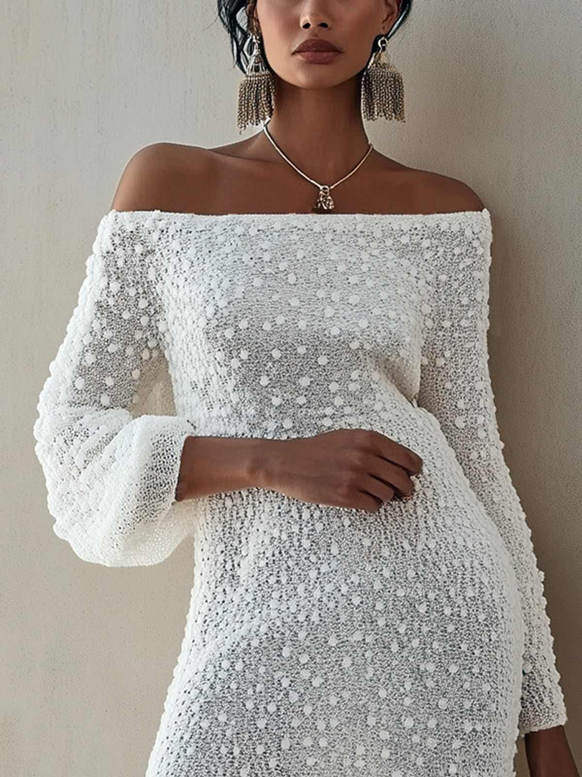 White Crochet Textured Fringe Hem Off Shoulder Long Sleeve Midi Dress