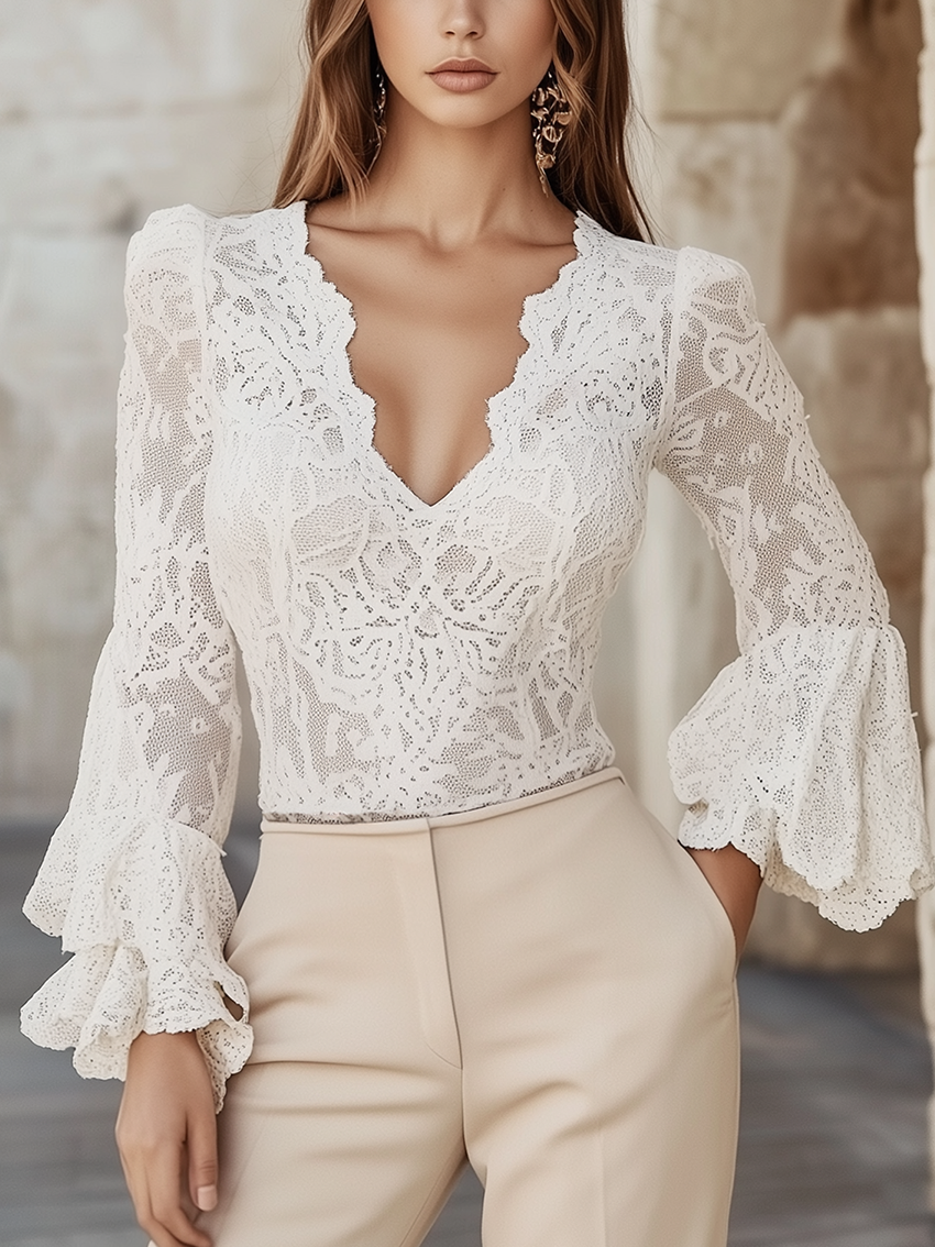 White Soft Lace Shirt With V-neck