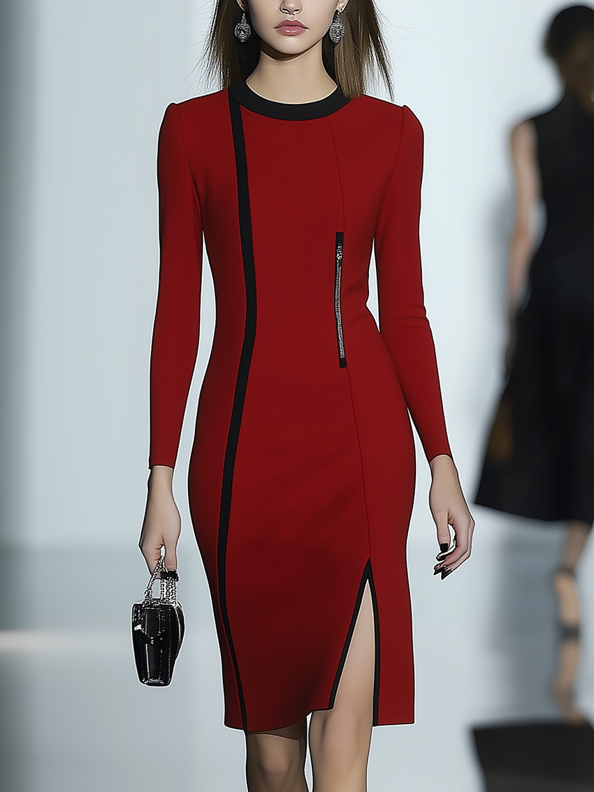 Round Neck Red Midi Bodycon Dress With Zipper Trim