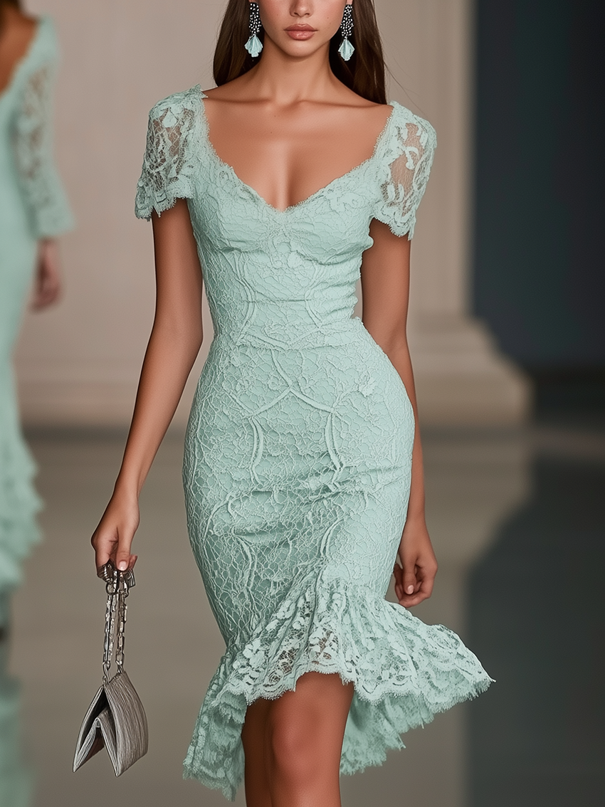 Fashion Mint Green Lace Midi Bodycon Dress