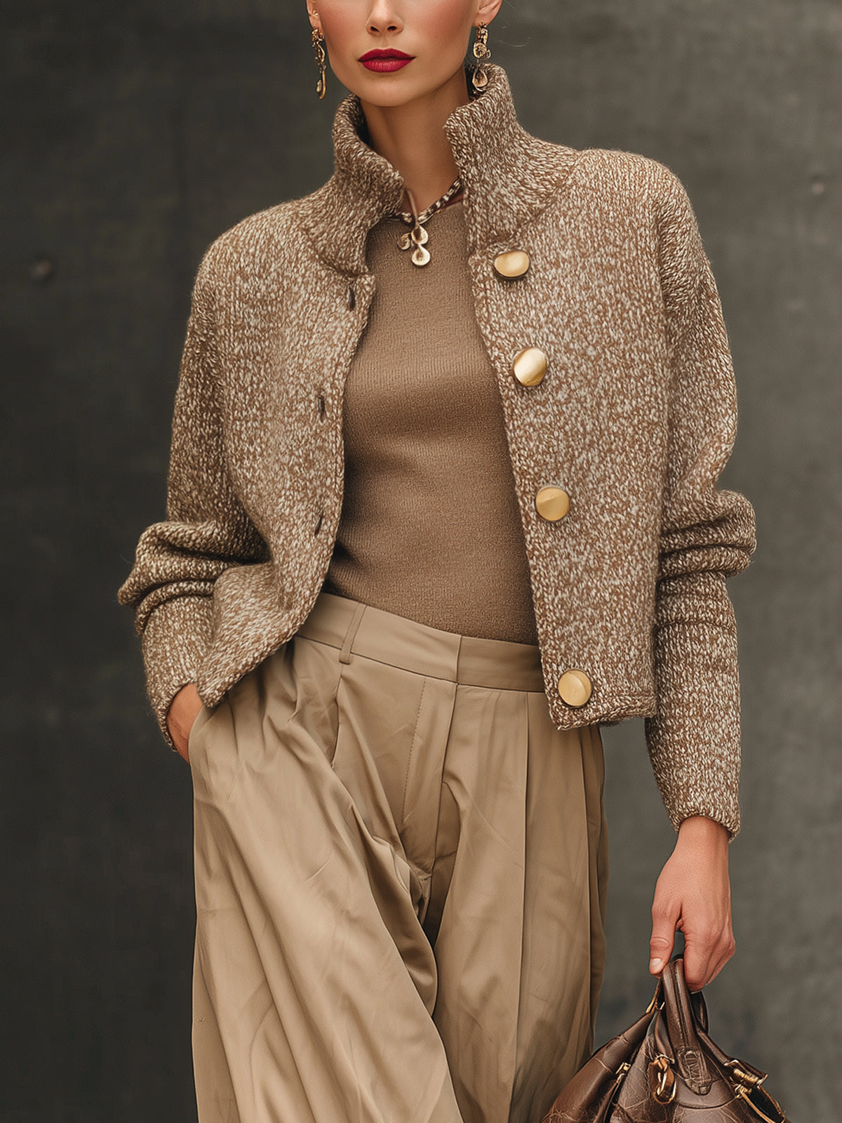 Taupe Marled Knit High Collar Buttoned Cardigan