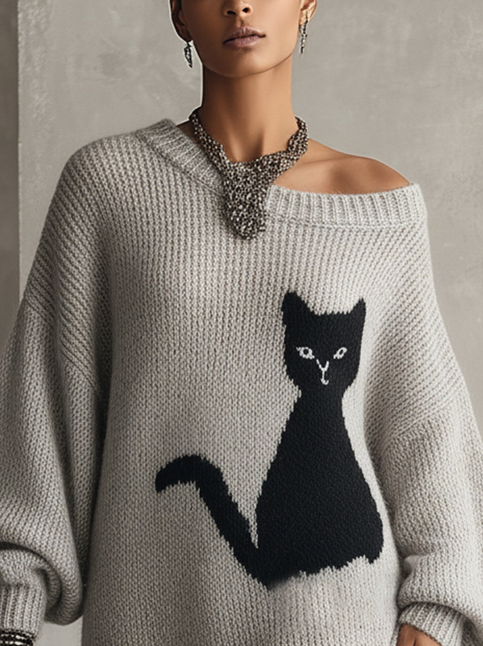 Gray Oversized Knit Sweater Dress With Black Cat Motif