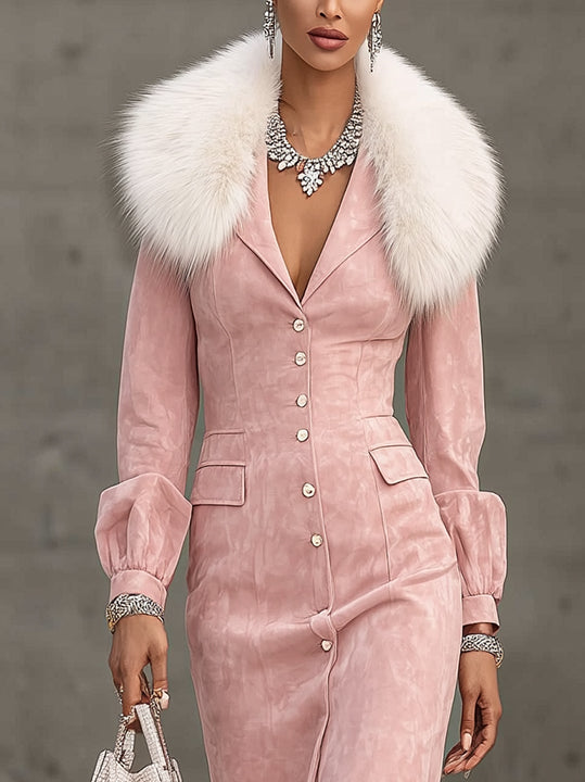 Pink Faux Suede Midi Dress With Faux Fur Collar And Button Detailing