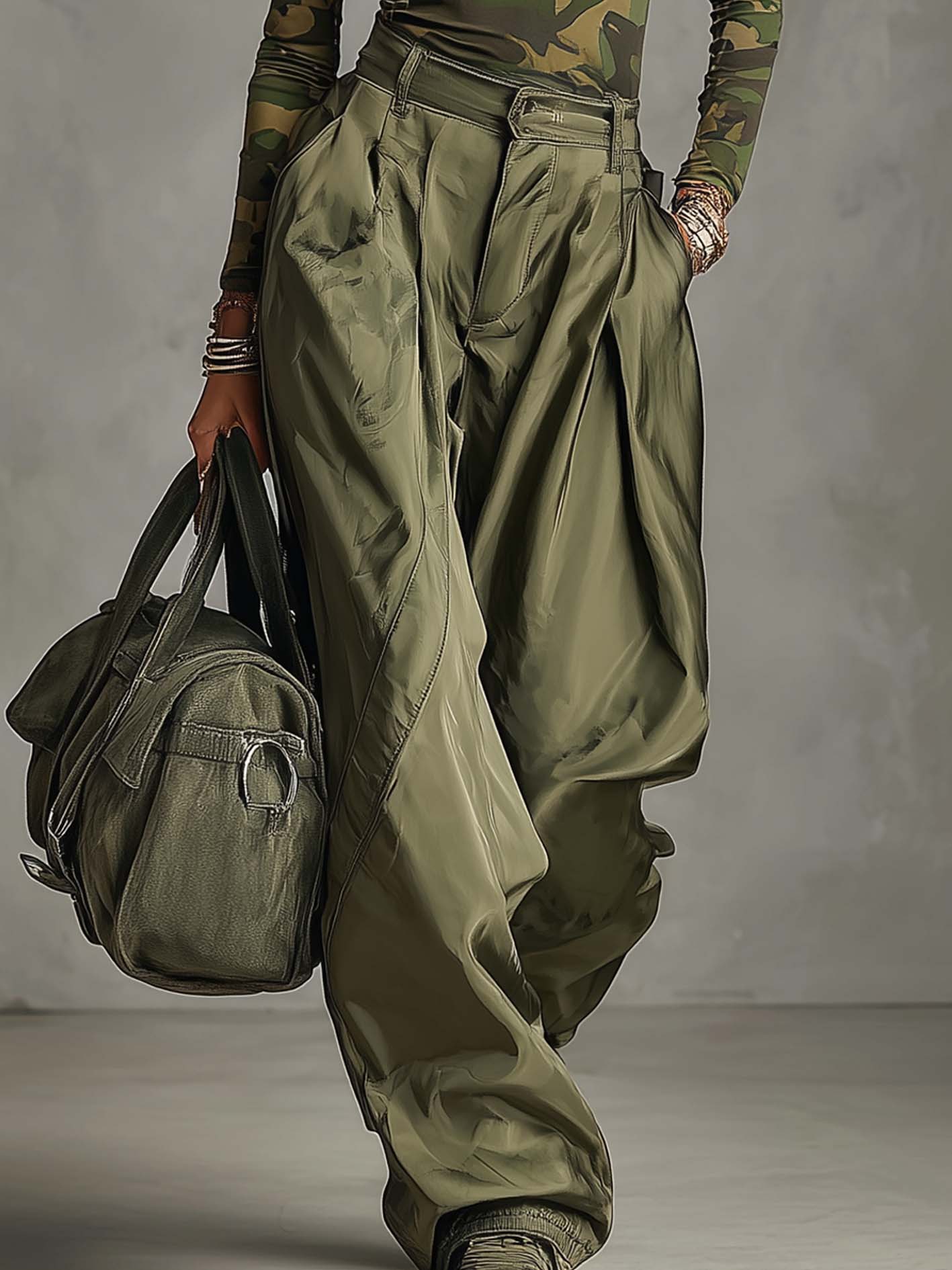 Camouflage Print Turtleneck Slim Top And Army Green High Waist Cargo Pants Set