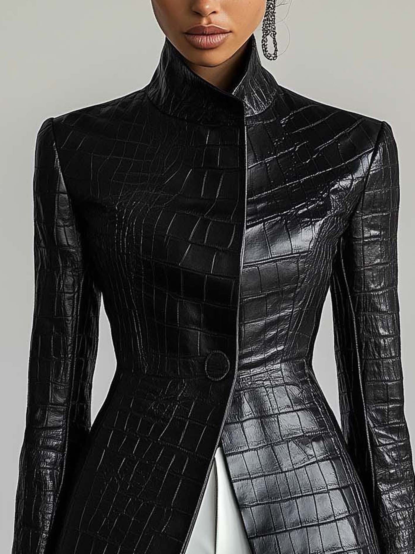 Textured Black Faux Leather Jacket With Button