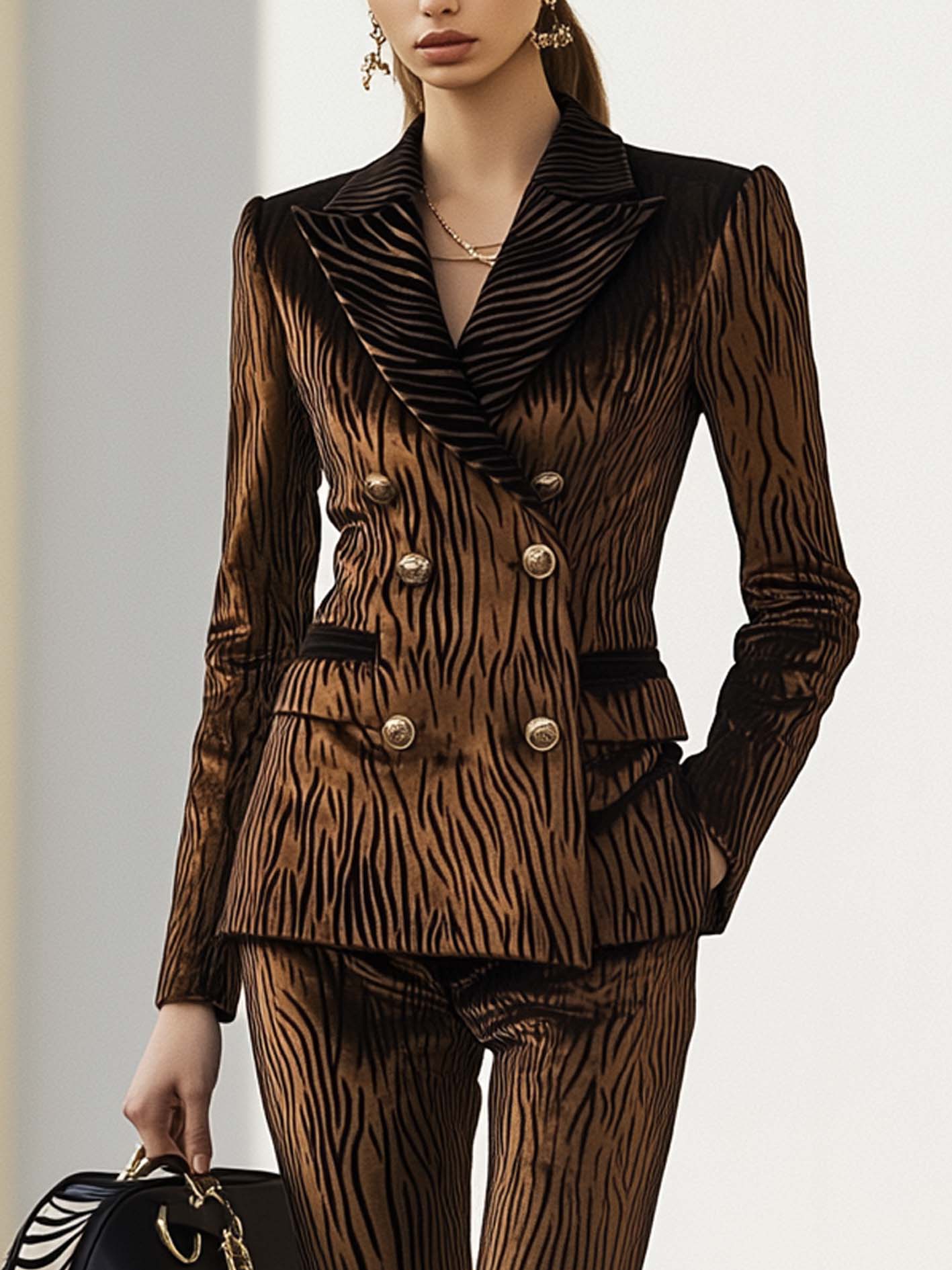 Brown Velvet Suit With Zebra Print