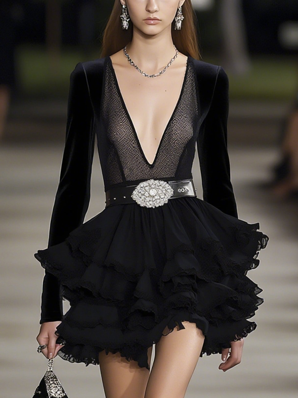 Black Deep V-Neck Ruffled Mini Dress With Mesh Paneling