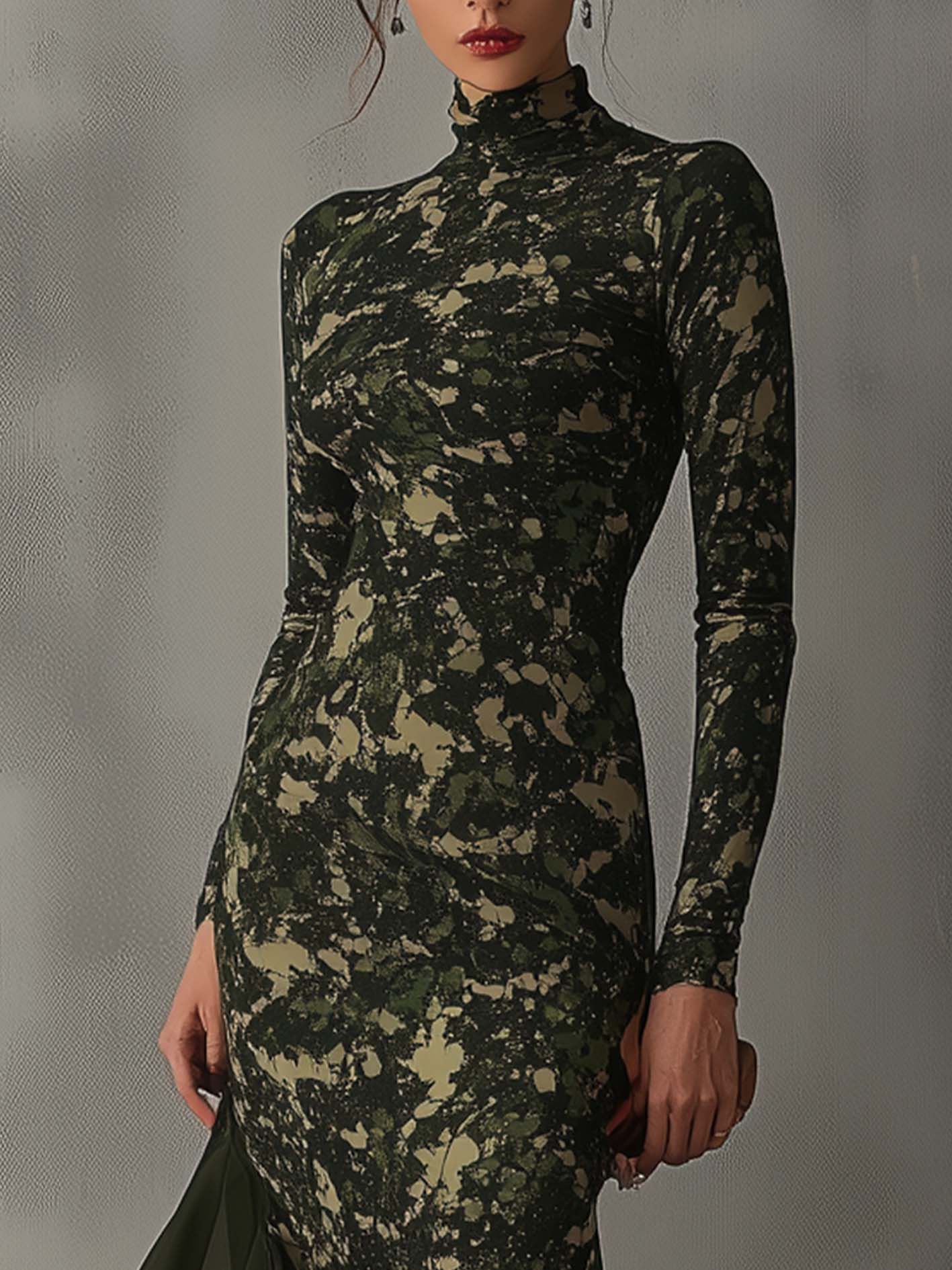 Green Midi Bodycon Dress With Chiffon Patchwork And Camouflage Print