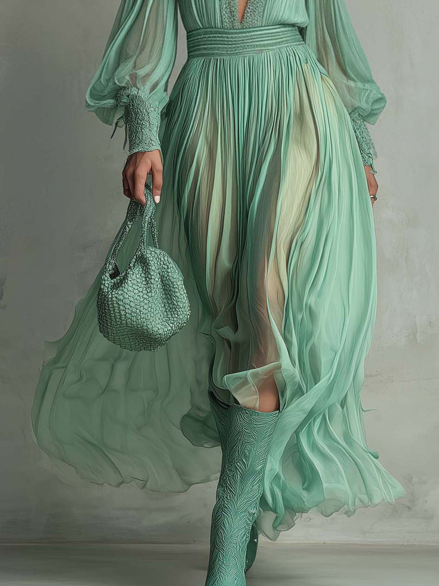 Mint Green Chiffon Lace Cold Shoulder Maxi Dress