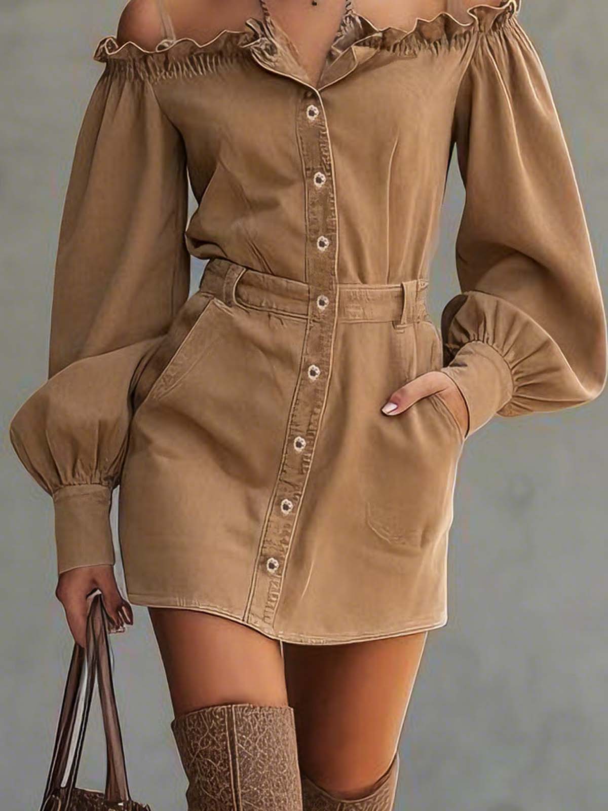 Camel Denim Off Shoulder Cardigan Mini Dress