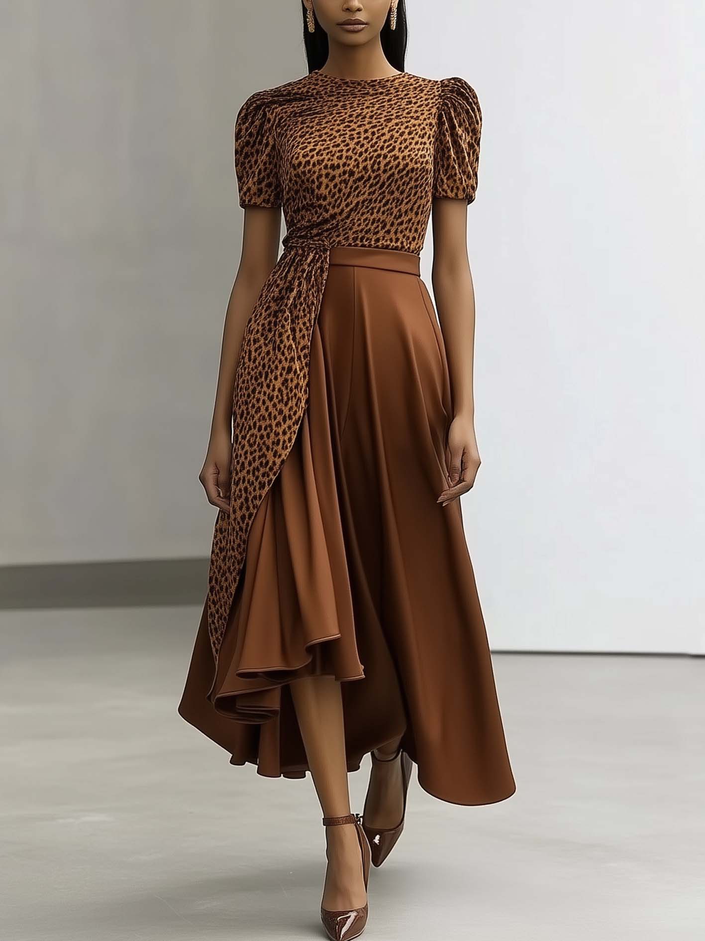 Brown Elegant Maxi Dress With Leopard Print