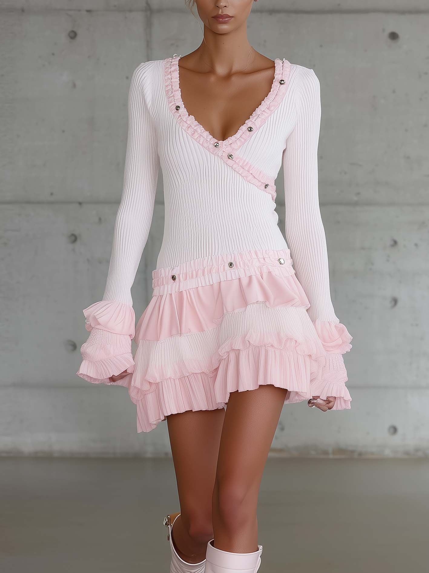 Light Pink Knit Mini Dress With Ribbon Trim And Ruffle Hem