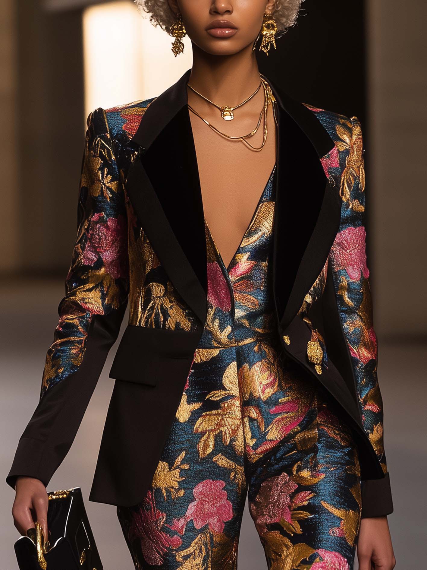 Black Blazer With Baroque And Floral Prints