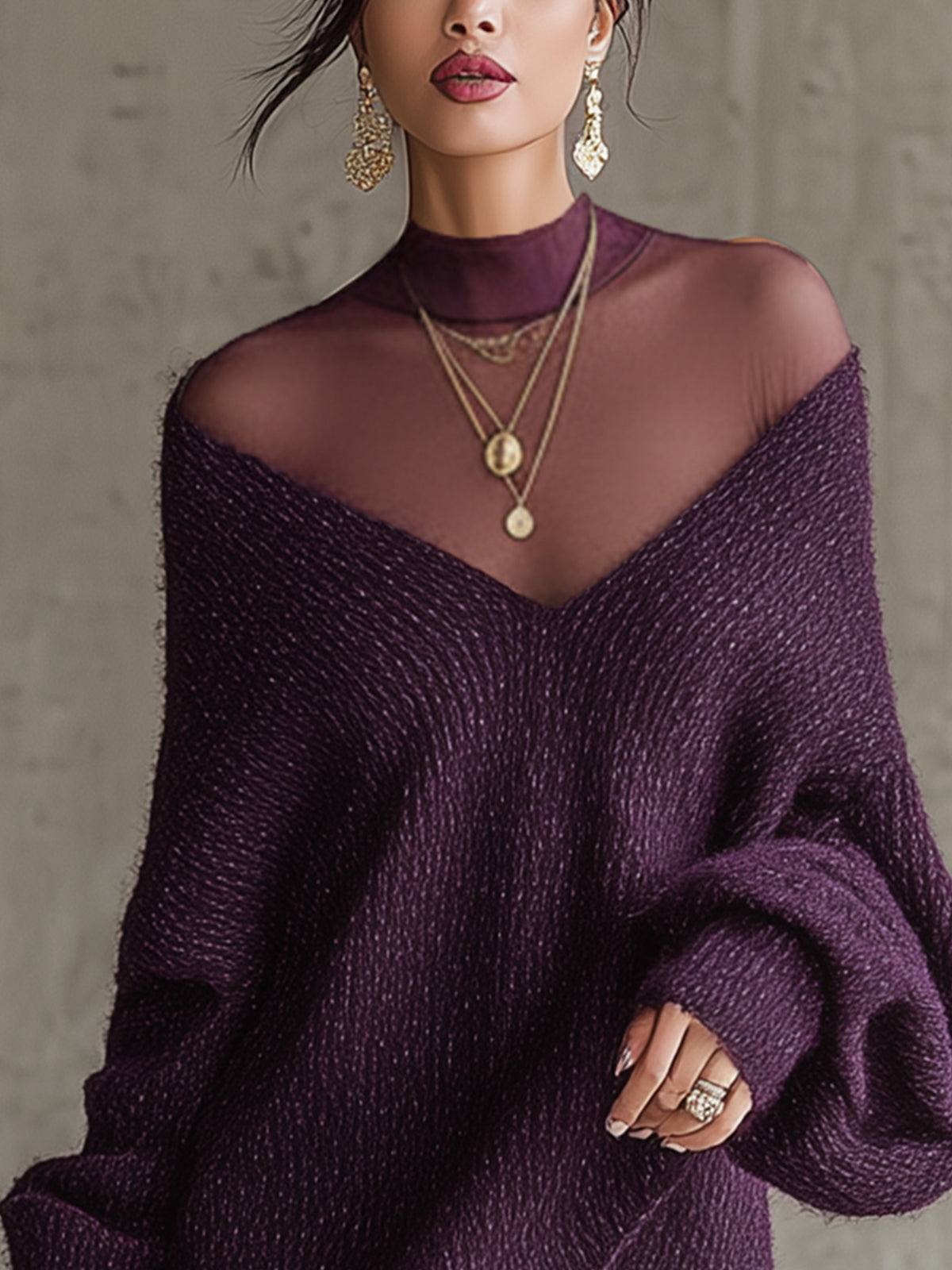 Purple Knit Mini Dress With Sheer Mesh Neckline And Asymmetric Hem