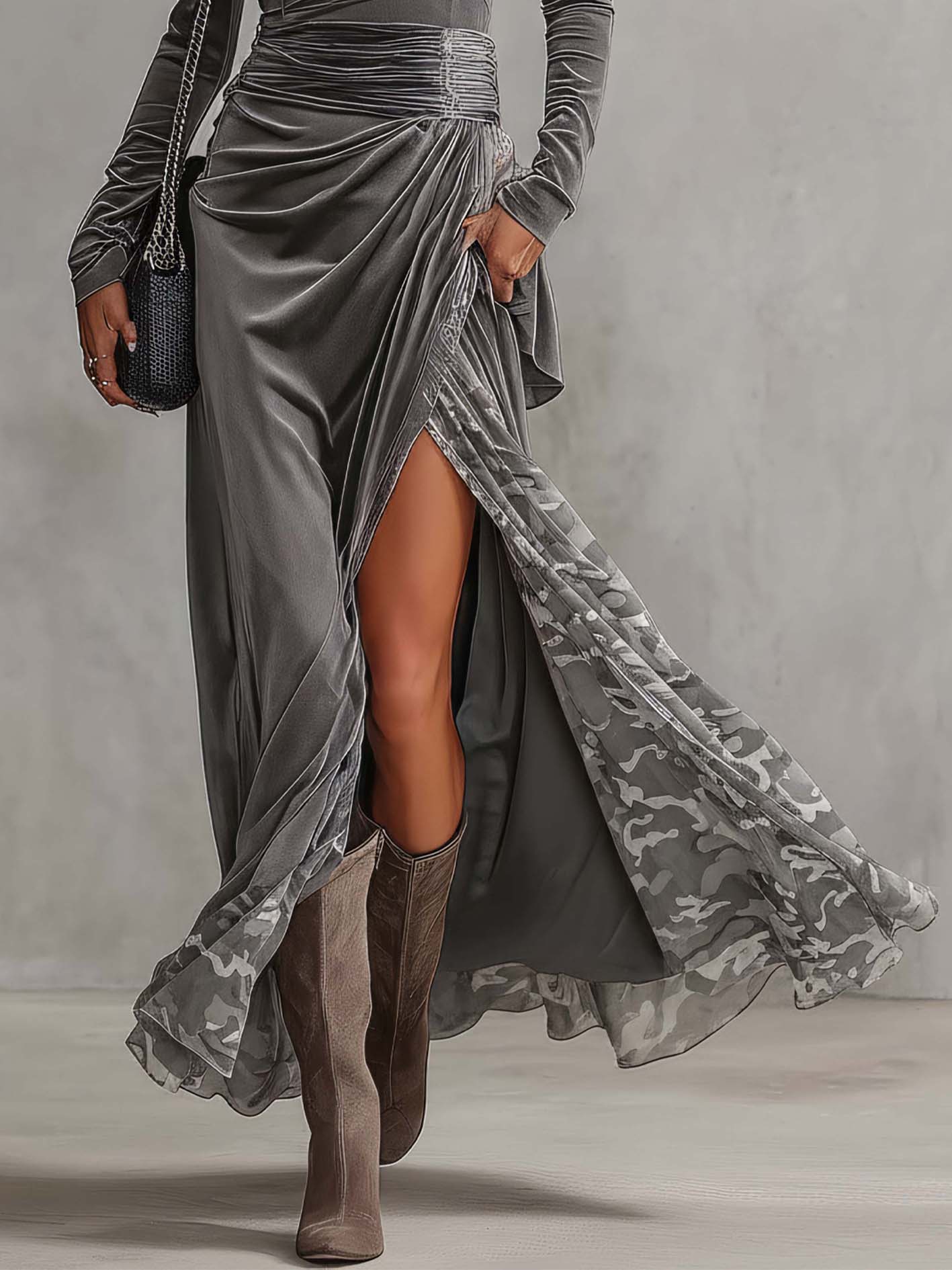 Gray Velvet Off Shoulder Maxi Dress With Camouflage Chiffon