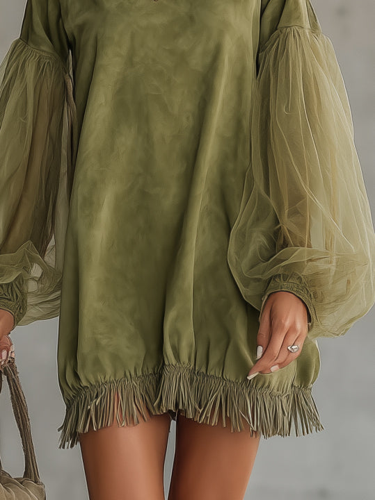 Olive Faux Suede Puff-Sleeve Mini Dress With Fringe Hem