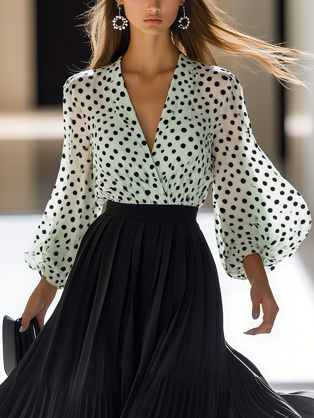 Polka Dot And Pleated V-Neck Shirt