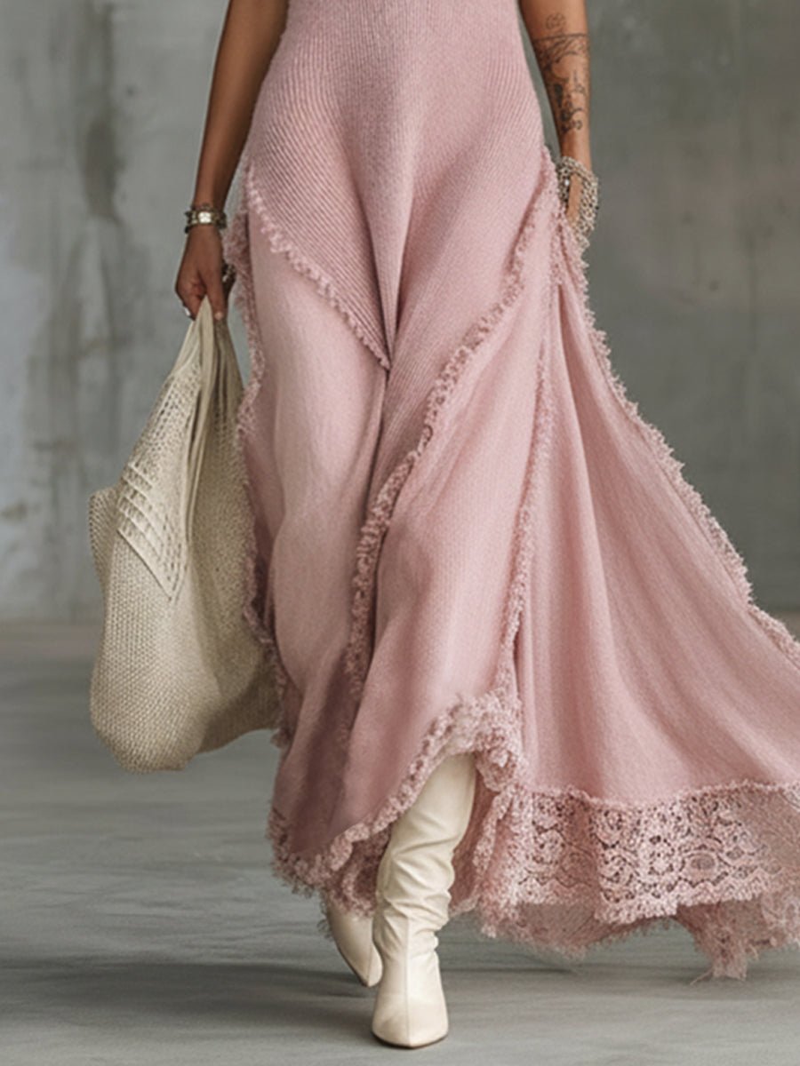 Pink Sleeveless High Neck Lace-Trim Knit Maxi Dress