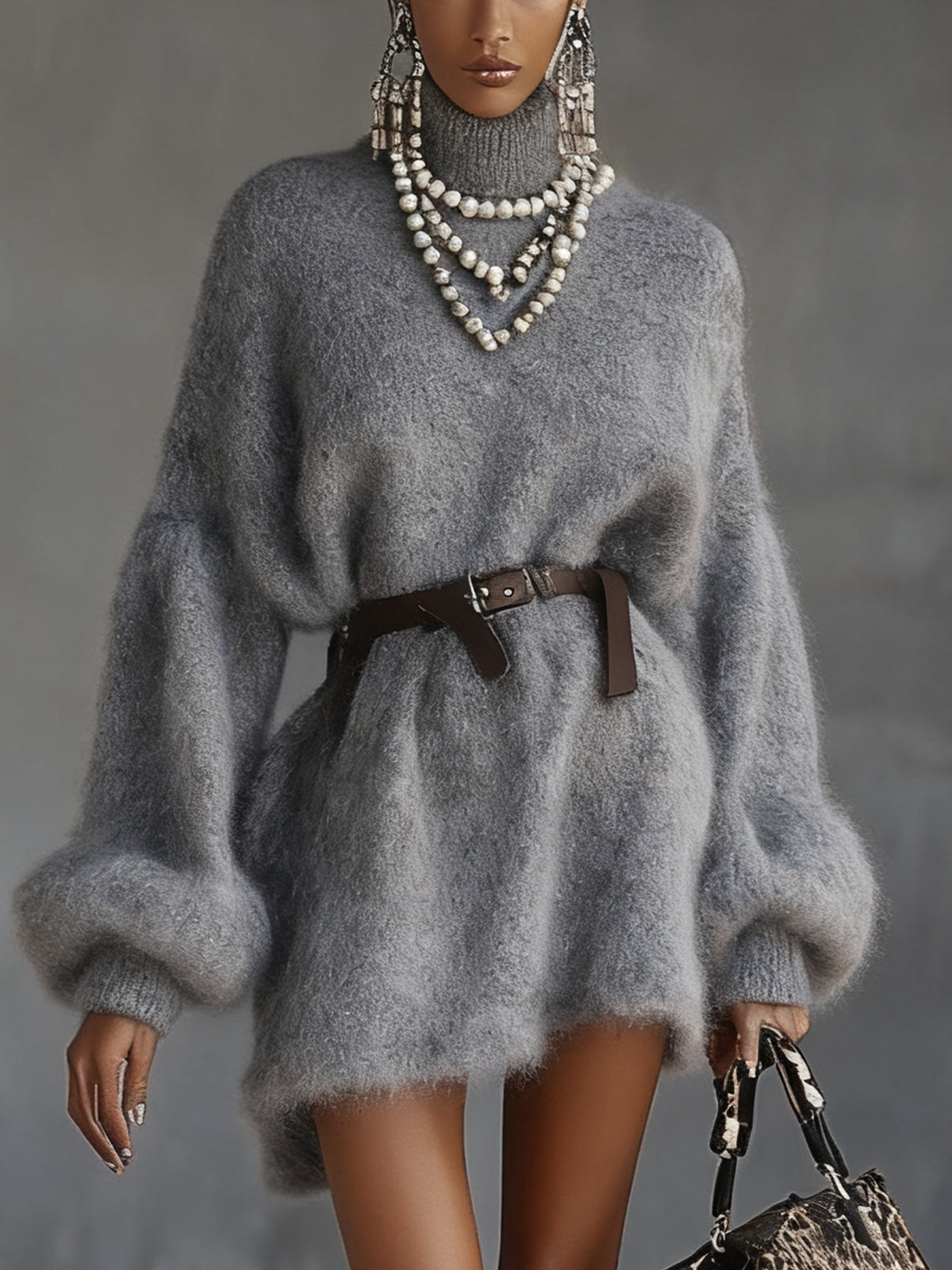 Gray Fuzzy Knit Turtleneck Dress With Balloon Sleeves And Belt