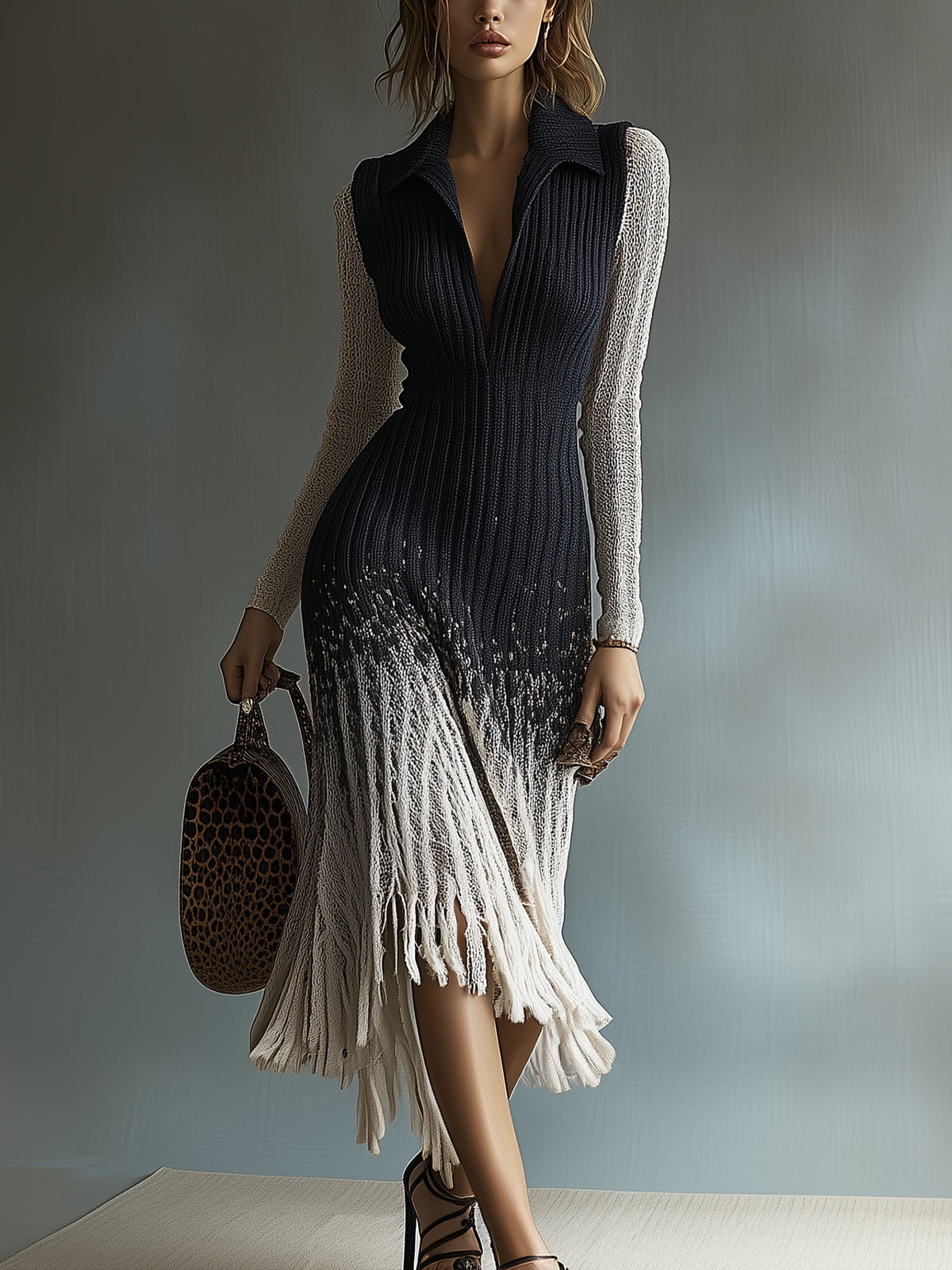 Ribbed Knit Dress With Fringe Hem And Contrast Sleeves