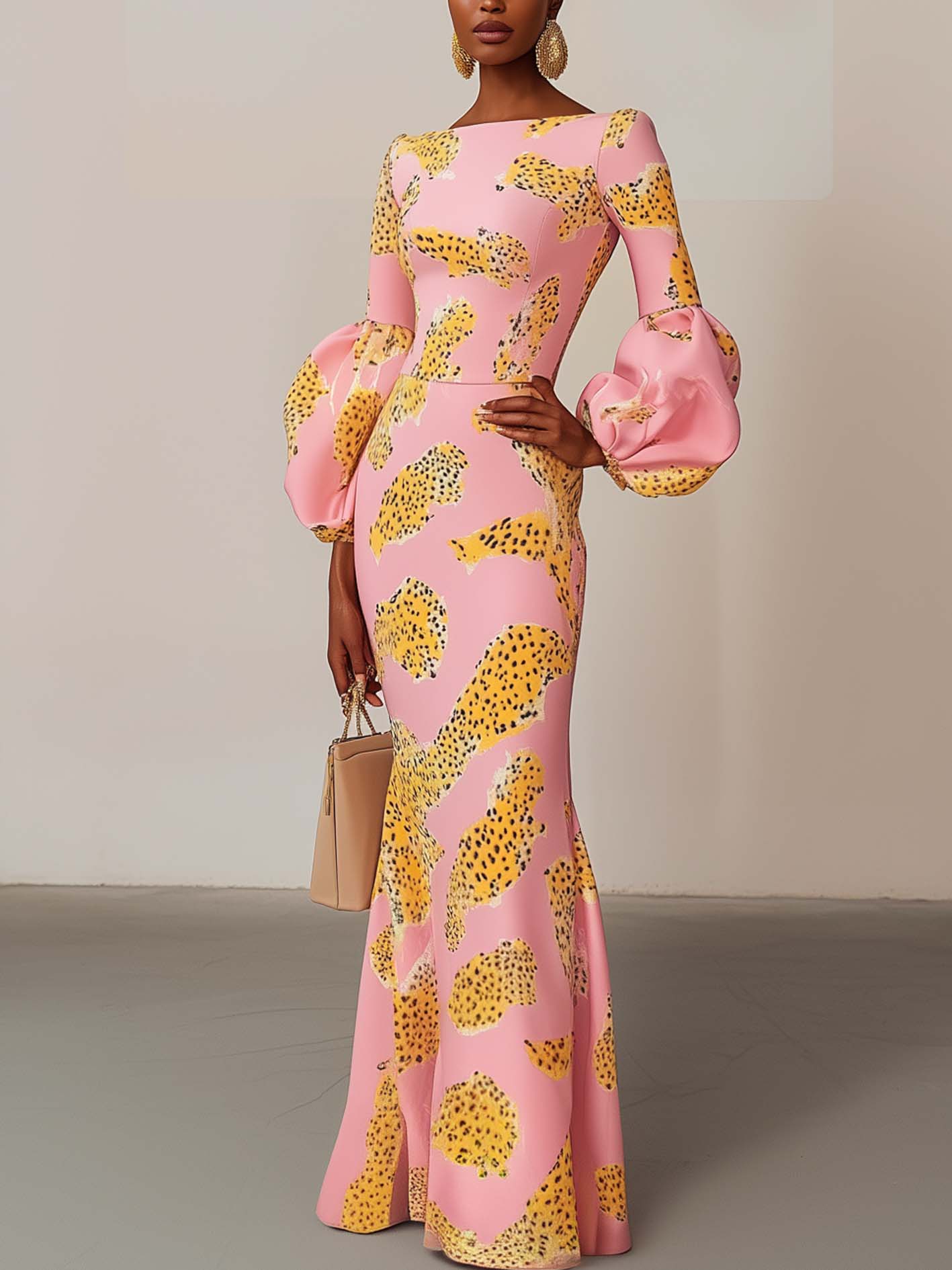 Pink Maxi Dress With Leopard Print Balloon Sleeves