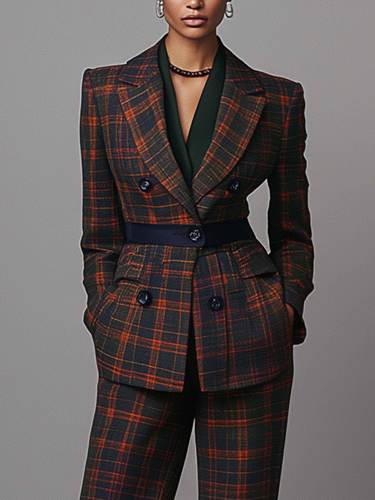 Dark Blue Suit With Orange And Brown Plaid