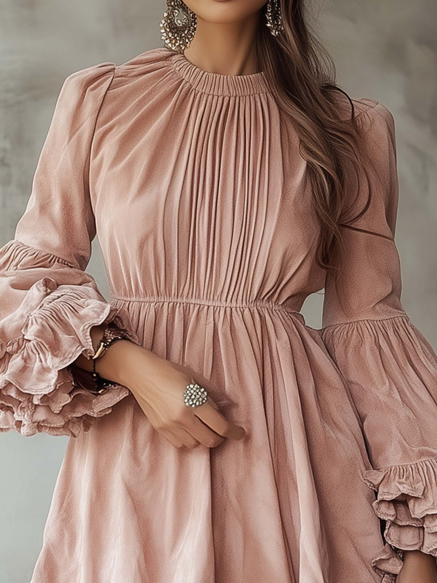 Retro Pink Faux Suede Mini Dress With Ruffles