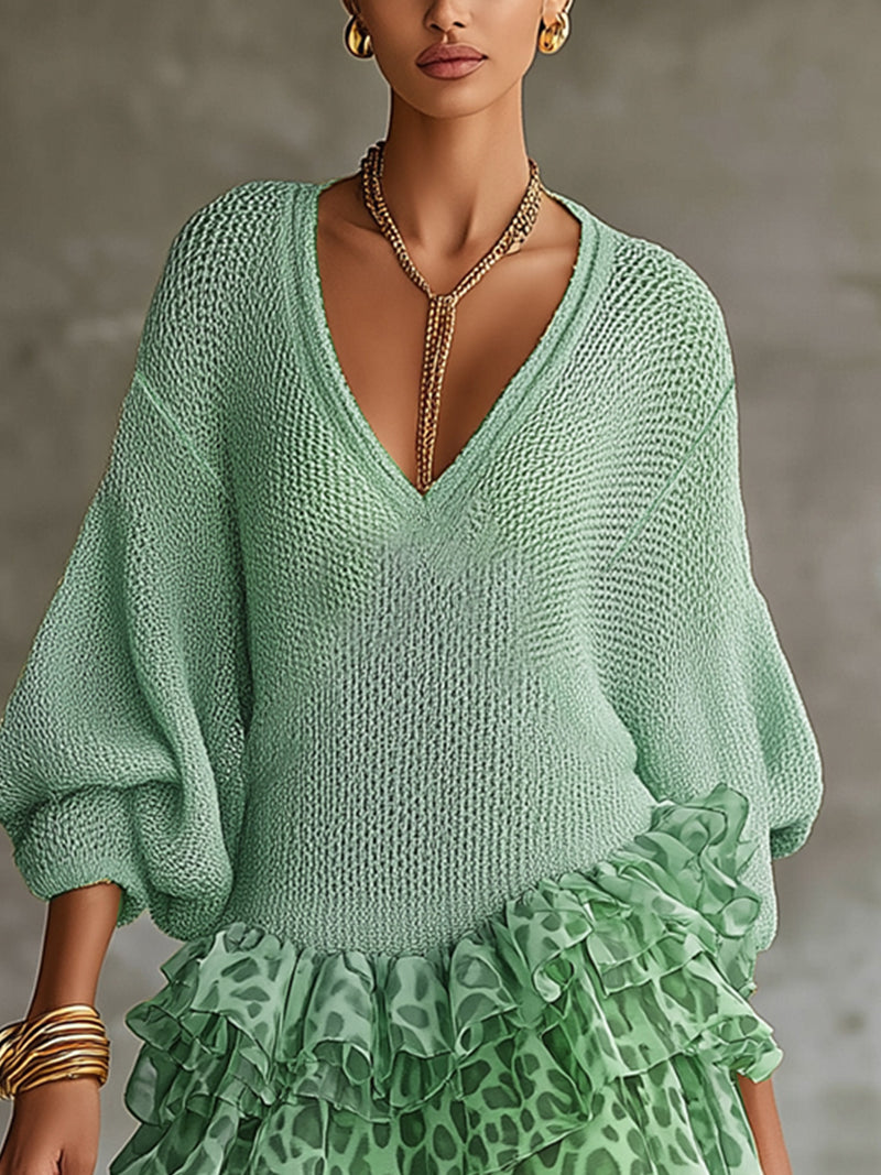 Green Knit and Ruffled Chiffon Mini Dress