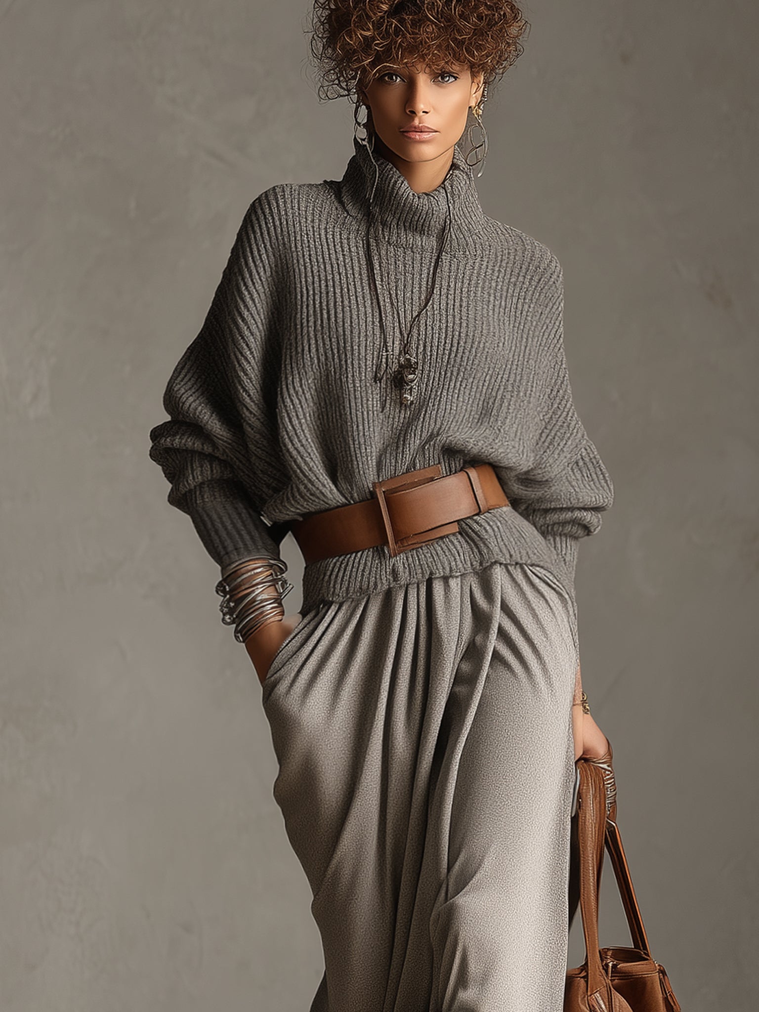 Gray Knitted Turtleneck Sweater And Stretch Skirt Set