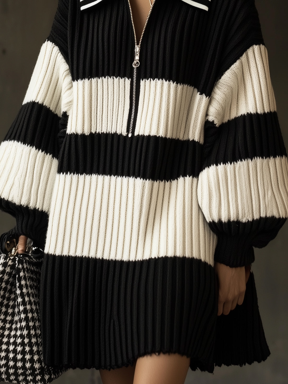 Black Stripe Knit Zip-Up Sweater Dress