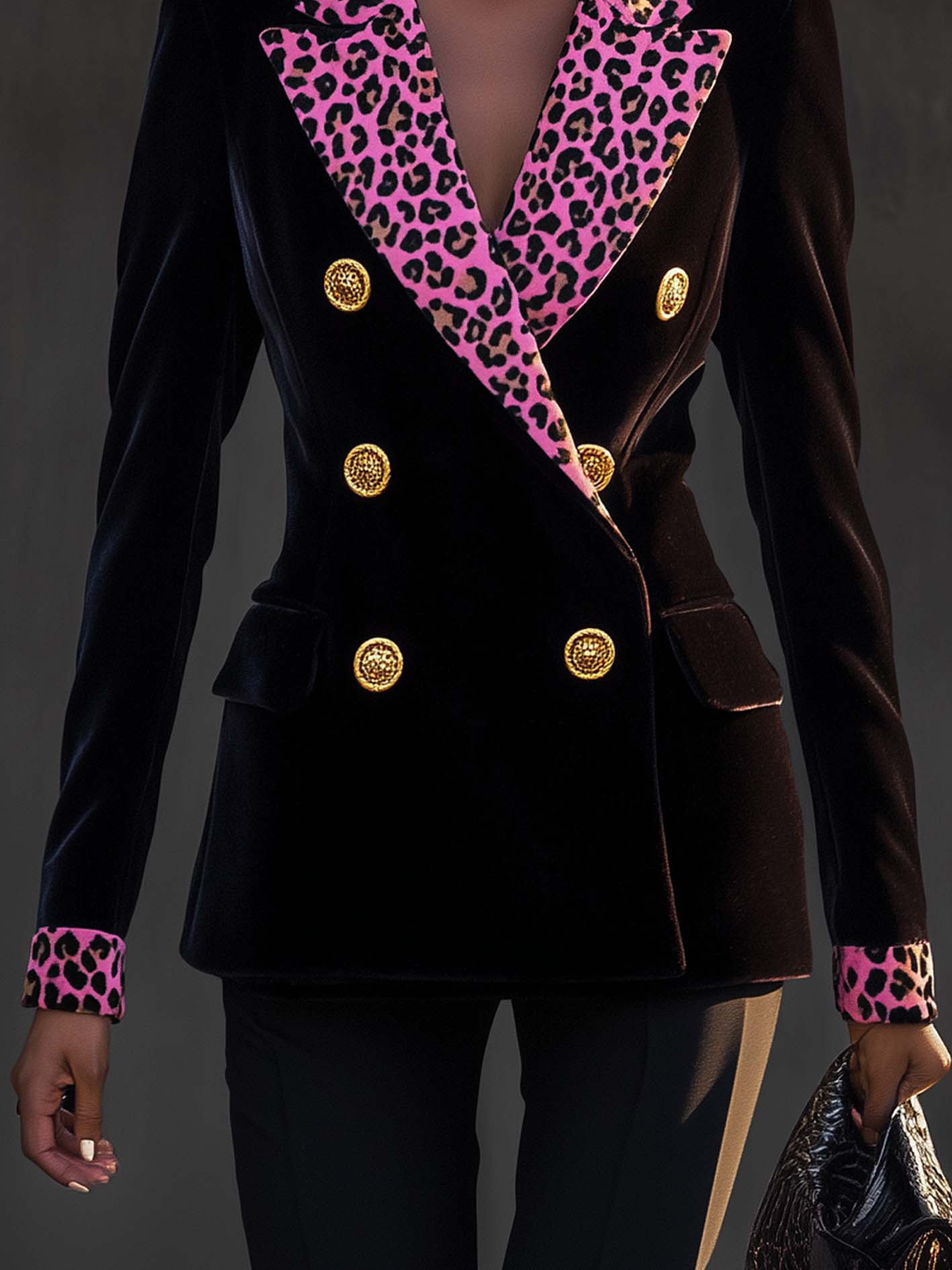 Black Double-breasted Velvet Blazer With Bright Barbie Pink Lapels