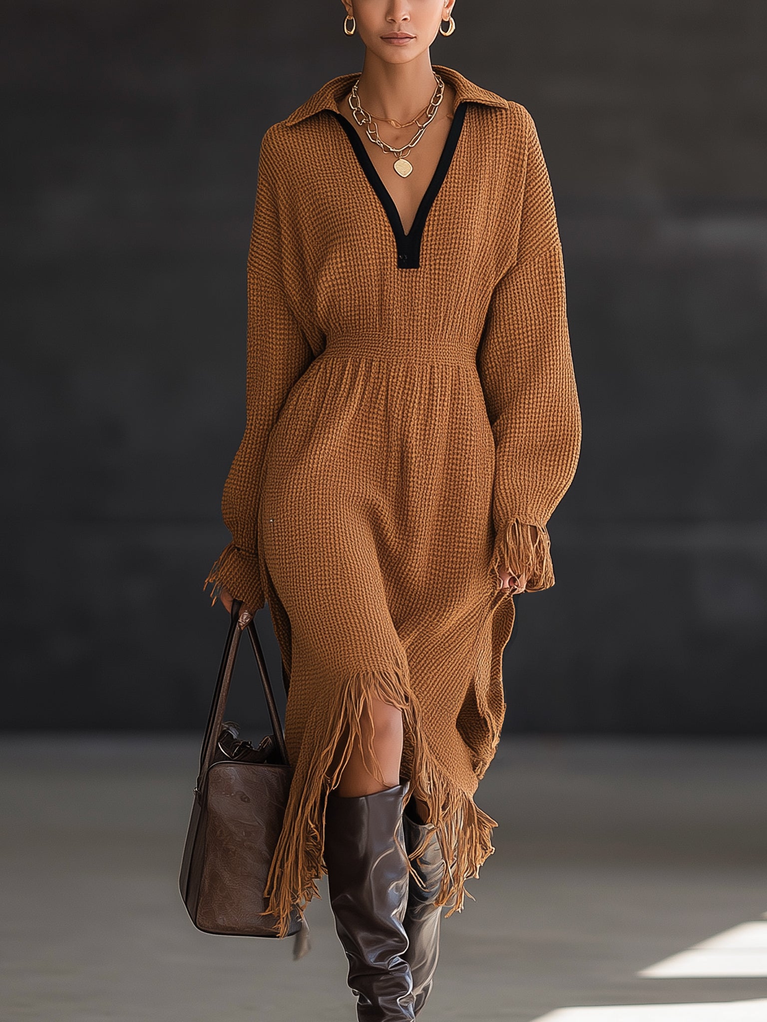 Caramel Waffle Knit Fringe Long Sleeve Midi Dress