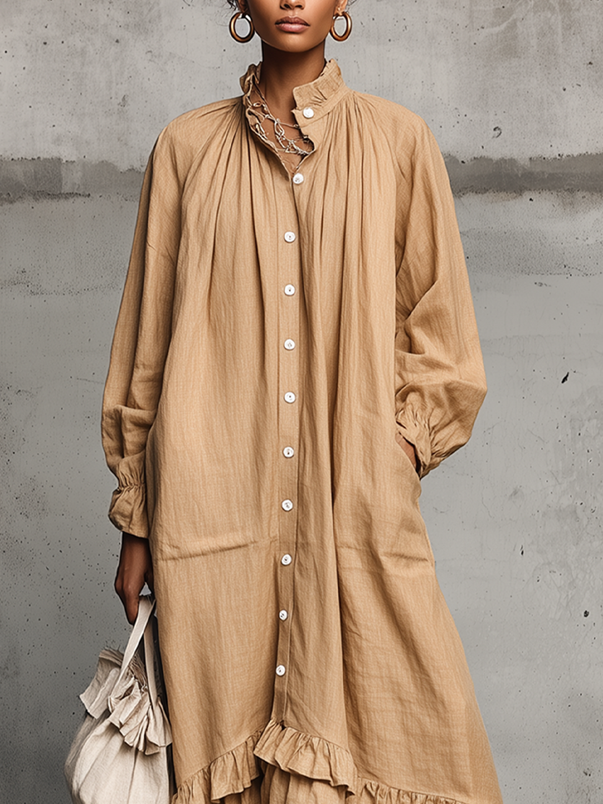 Brown Ruffled Collar Button-Down Maxi Shirt Dress