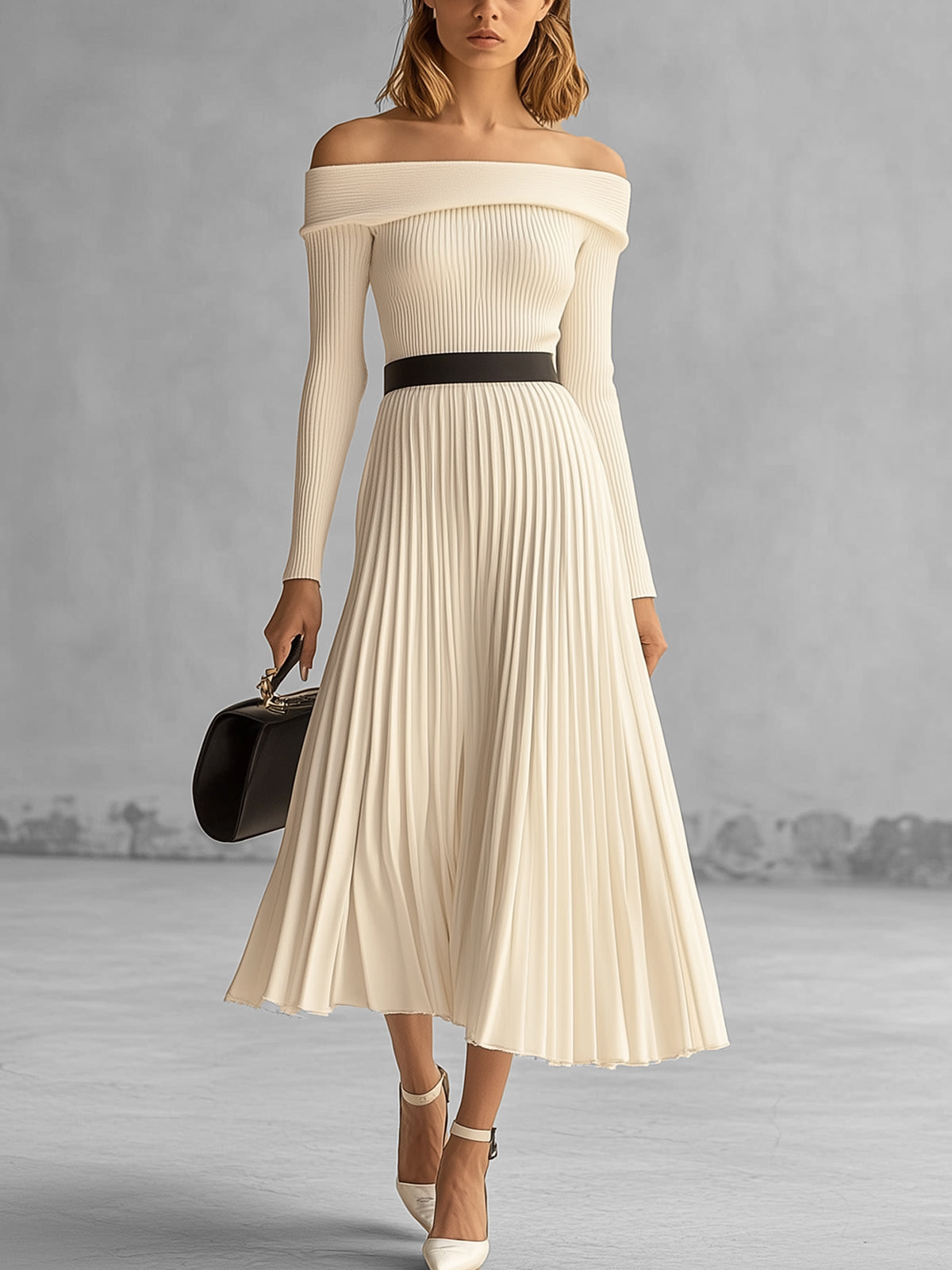 Off Shoulder Ribbed Knit Dress With Pleated Skirt
