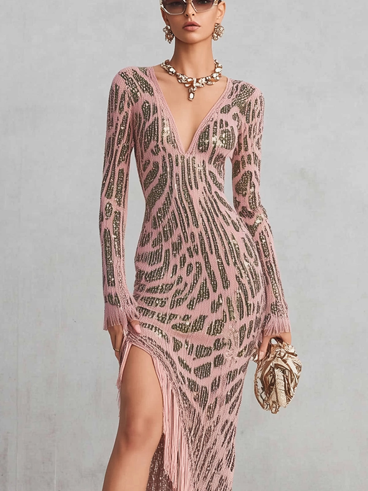 Pink Leopard Print Knit Fringe V-Neck Bodycon Dress