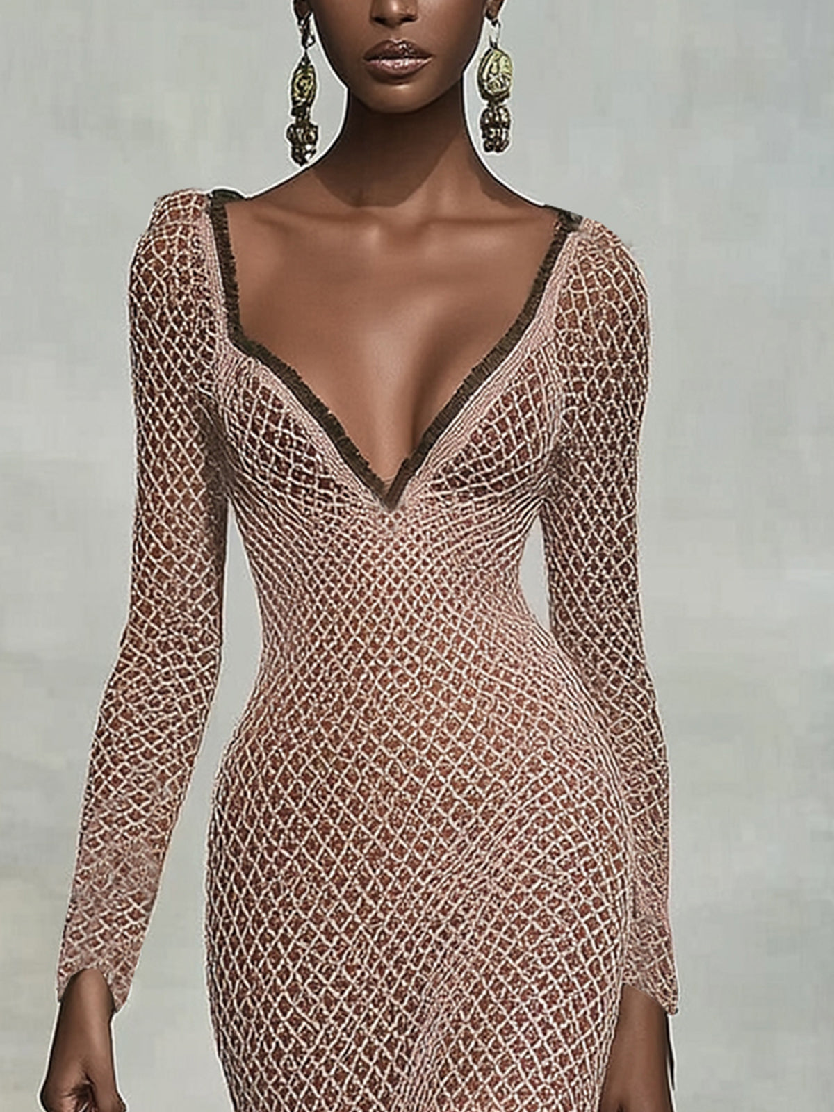 Pink Enchanting Mesh Knit Midi Dress With Lined