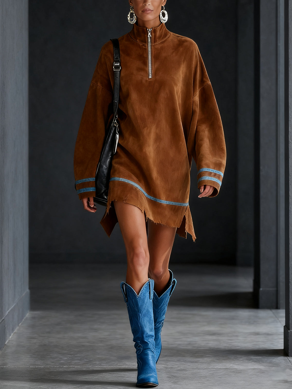 Brown Faux Suede High-Neck Frayed Hem Oversized Mini Dress