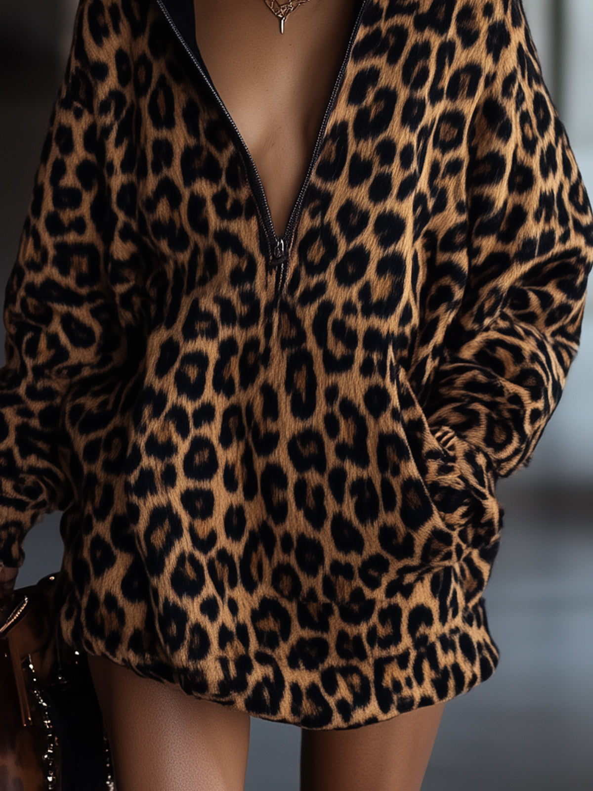 Brown Leopard Print Hooded Faux Wool Mini Dress