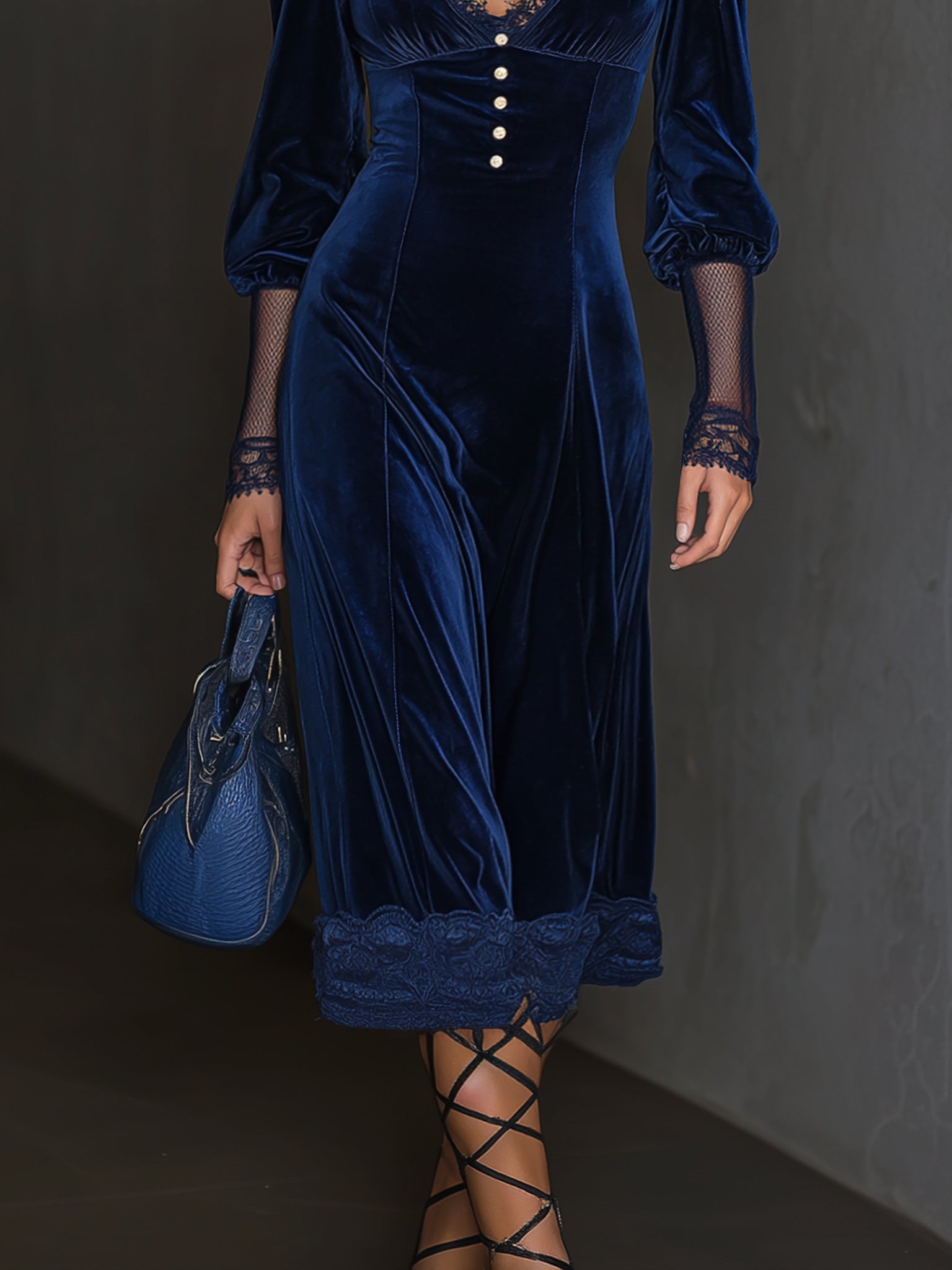 Midnight Blue Velvet Lace Trim Long Sleeve Midi Dress