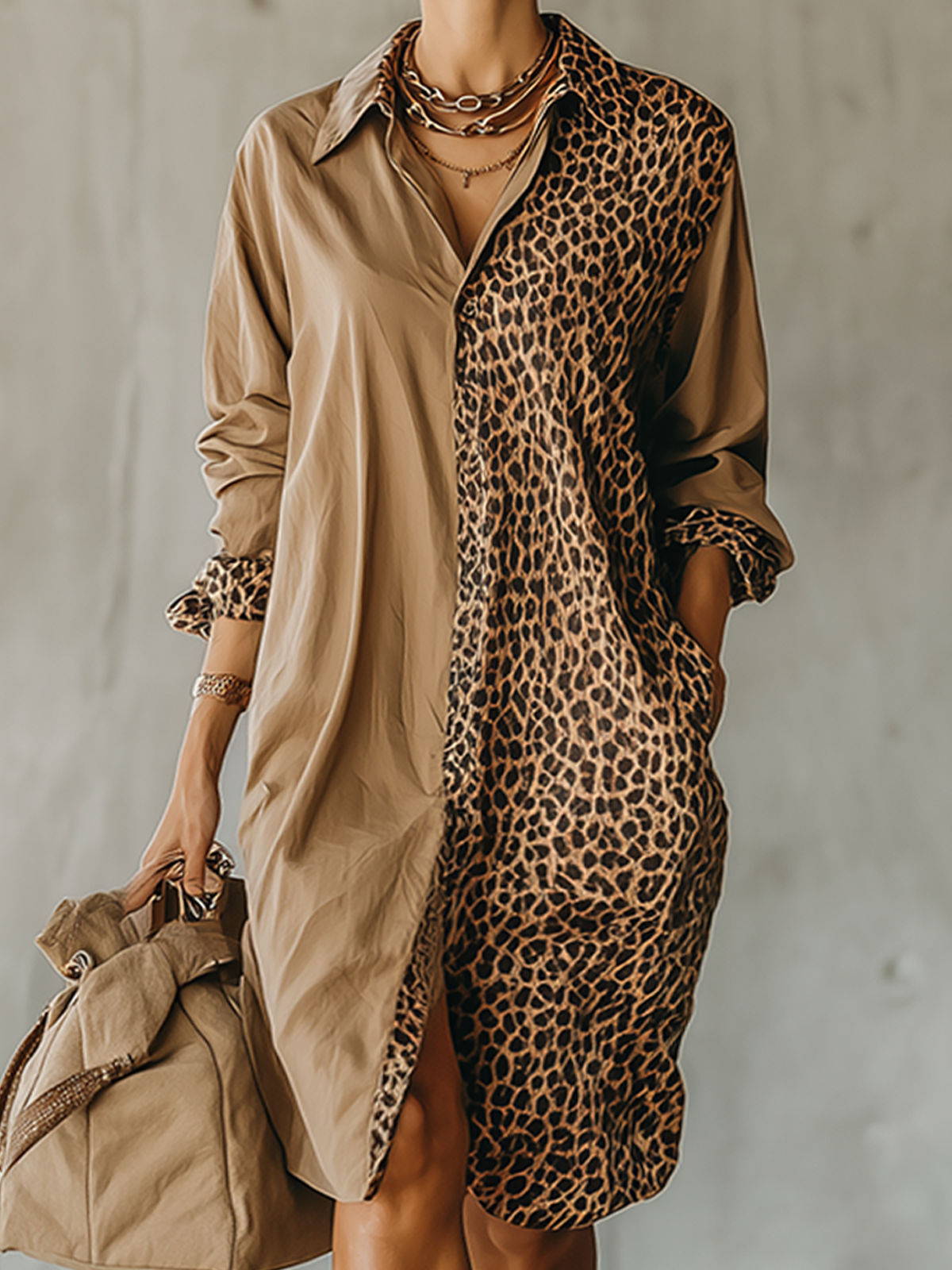 Brown And Leopard-Print Contrast Shirt Dress