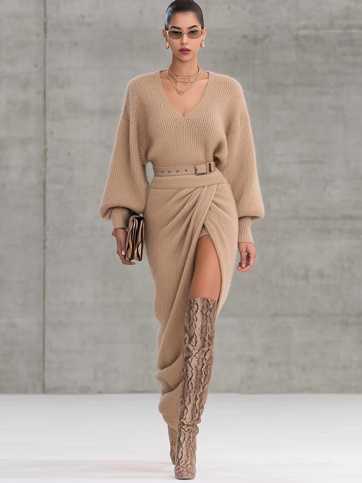 Camel Ribbed Knit Belted V-Neck Long Sleeve Maxi Dress