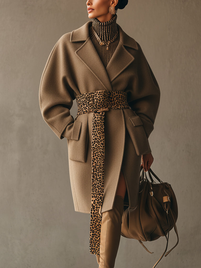 Camel  Coat With Leopard Print Waist Belt